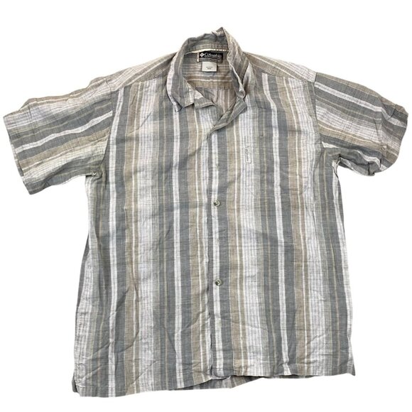 Columbia Mens Shirt XL Casual Short Sleeve Button-Up Shirt Beige Gray Pinstriped - Picture 1 of 11
